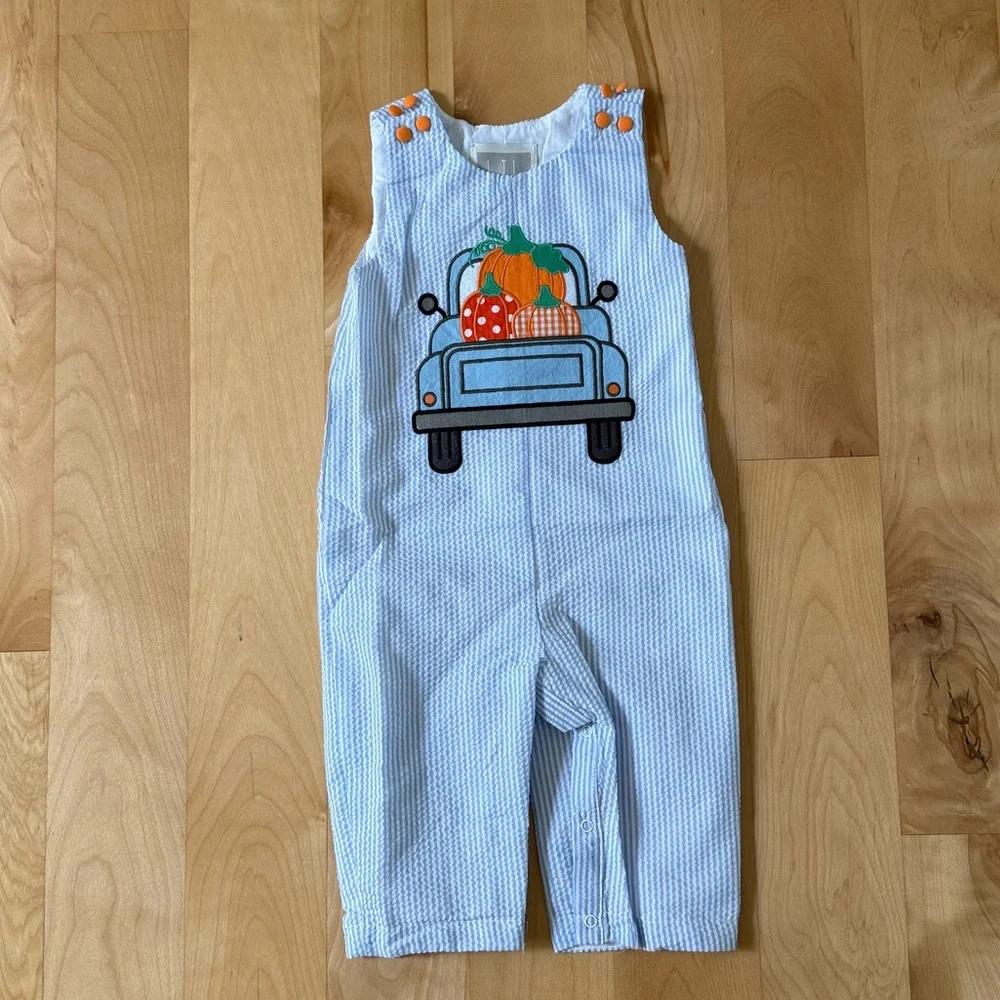 Lil Cactus Boys Fall Seersucker Romper Blue White 12-18 mo Fall Pumpkin Truck